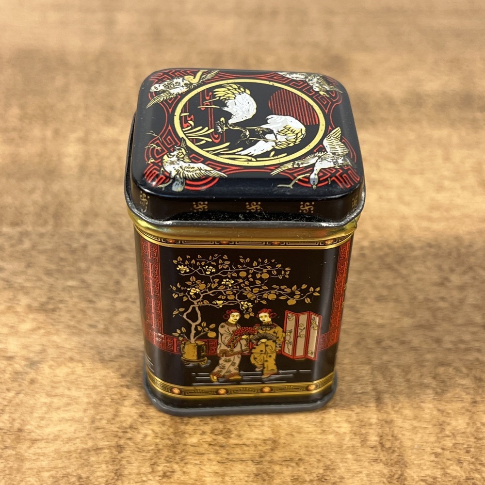 VTG Tin Box Storage Red Black Chinese Tea Herbs Medicine Spices Hong Kong 2.5"